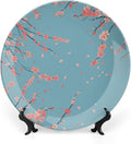 Japanese Spring Theme Decorative Ceramic Plate Round Porcelain Plate,Sakura Tree Branches Pattern,for Decorative Ornaments Giving Plates, 1 Plate with 1 Display Stand,Blue Pink,6 inch