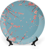 Japanese Spring Theme Decorative Ceramic Plate Round Porcelain Plate,Sakura Tree Branches Pattern,for Decorative Ornaments Giving Plates, 1 Plate with 1 Display Stand,Blue Pink,6 inch