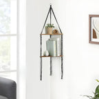 Artilady Macrame Corner Shelf Wall Hanging - 2 Tier Black Corner Floating Shelves Boho Wall Decor, Rustic Wooden Plant Shelf Storage Rack for Bedroom Living Room Bathroom