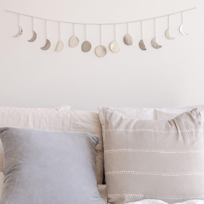 BASE ROOTS Moon Phase Wall Decor, Celestial Décor, Moon Décor & Boho Wall Décor, Silver Wall Art for Bedroom & Living Room, Bohemian Wall Decor, Handmade Hammered Metal 36" 13 Phases Moon Wall Decor, Gift for Women & Kids