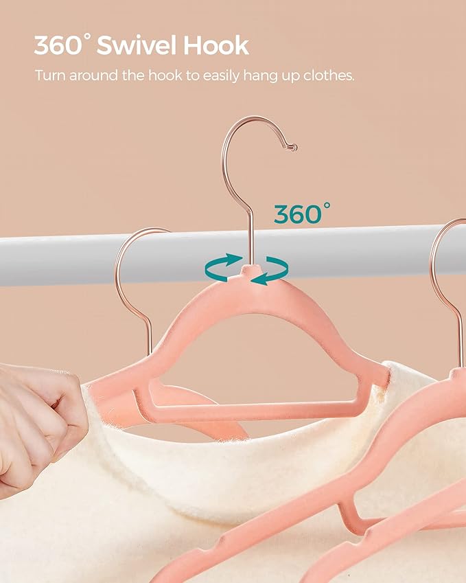 SONGMICS Velvet Hangers, Set of 50 Clothes Hanger with Rose Gold Swivel Hook, Non-Slip, and Space-Saving, 0.2-Inch Thick, 17.1-Inch Long for Coat, Shirt, Dress, Pants, Tie, Coral Pink UCRF21PK50