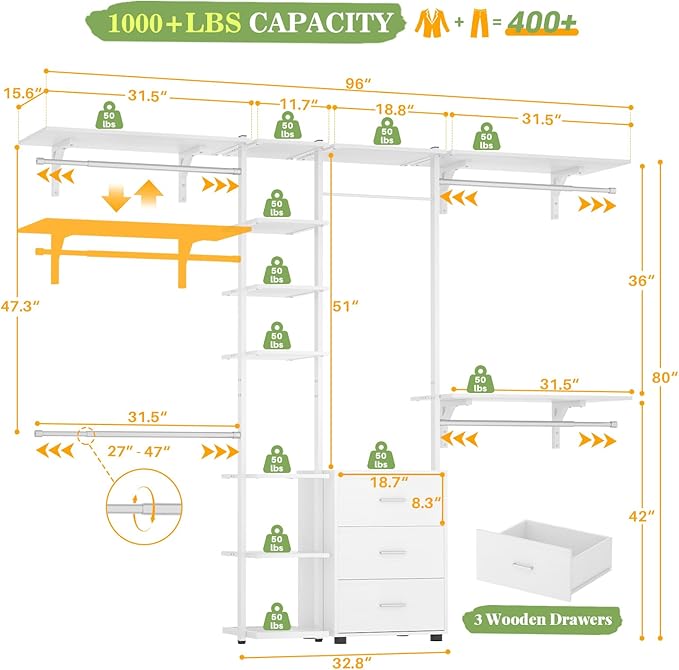 Aheaplus Closet System with Drawers, Closet Organizer System Storage with Shelves, 96'' Walk-in Closet with 5 Hanging Rods, Heavy Duty Wall Mounted Clothes Wardrobe Garment Rack,-Metal Frame, White