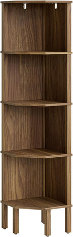 Corner Shelf, 5 Tier Corner Bookshelf, Display Corner Shelf Stand with Storage Rack, Wall Corner Bookshelf for Living Room, Bedroom, Office, Walnut