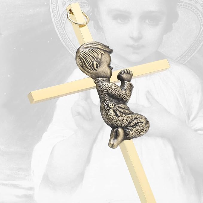 DCCXN Baby Wall Cross Baptism Gifts for Boys, 6 Inch Gold Praying Boy Crosses for First Holy Communion, Christening, Baptismal Cross Decor