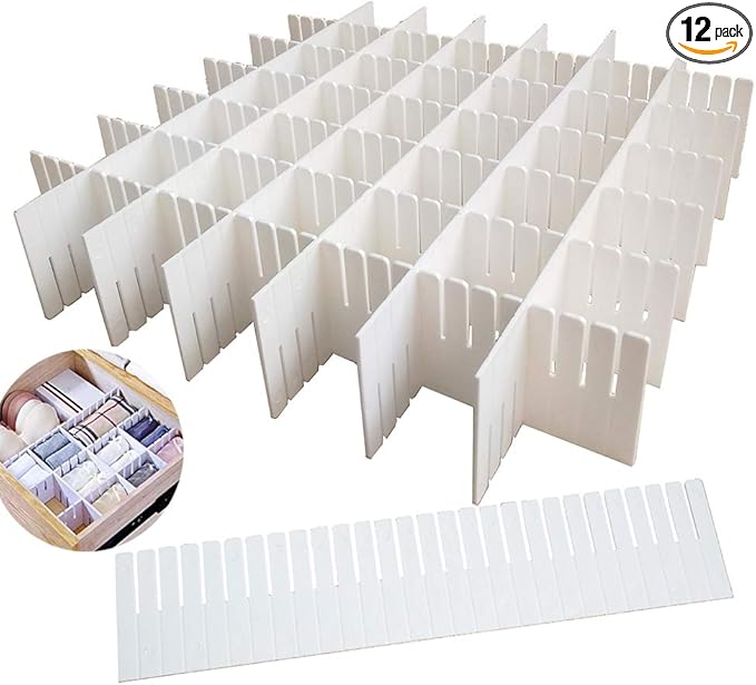 OJYUDD 12PCS DIY Plastic Grid Drawer Dividers,White Adjustable Sock Underwear Dresser Drawer Organizers Divider for Stationary Storage