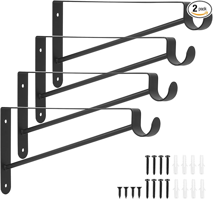 Shelf and Rod Brackets, 4 Pcs Closet Shelf & Rod Brackets Wall Mounted, Heavy Duty Closet Shelf Closet Bracket with Rods Holder, Closet Shelves Supports with Screws, Black
