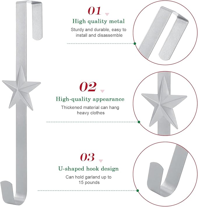 15 inches Christmas Decorative Wreath Hangers for Front Door;Over the Door Hooks (Silver, Five-Pointed Star)