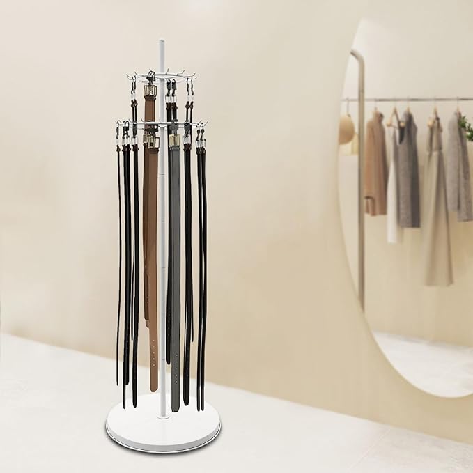Floor Standing Belt Display, 66 Inch Tie Rack Belt Display Shelf with 31 Hooks, Adjustable Feet Belt Display Stand for Clothing Stores, Retail Stores (White)