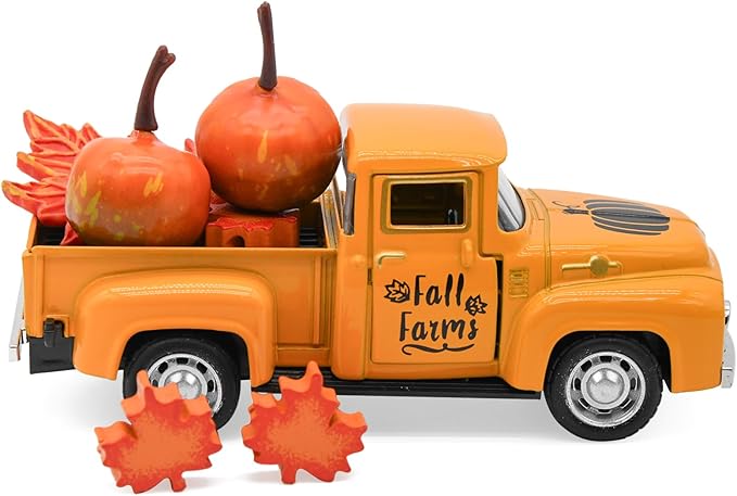 Thanksgiving Truck Decor, Fall Orange Maple Leaf Pumpkin Metal Truck Decorations for Home Indoor, Mini Cute Pumpkin Tiered Tray Decor, Farmhouse Kitchen Tabletop Centerpiece Decorations