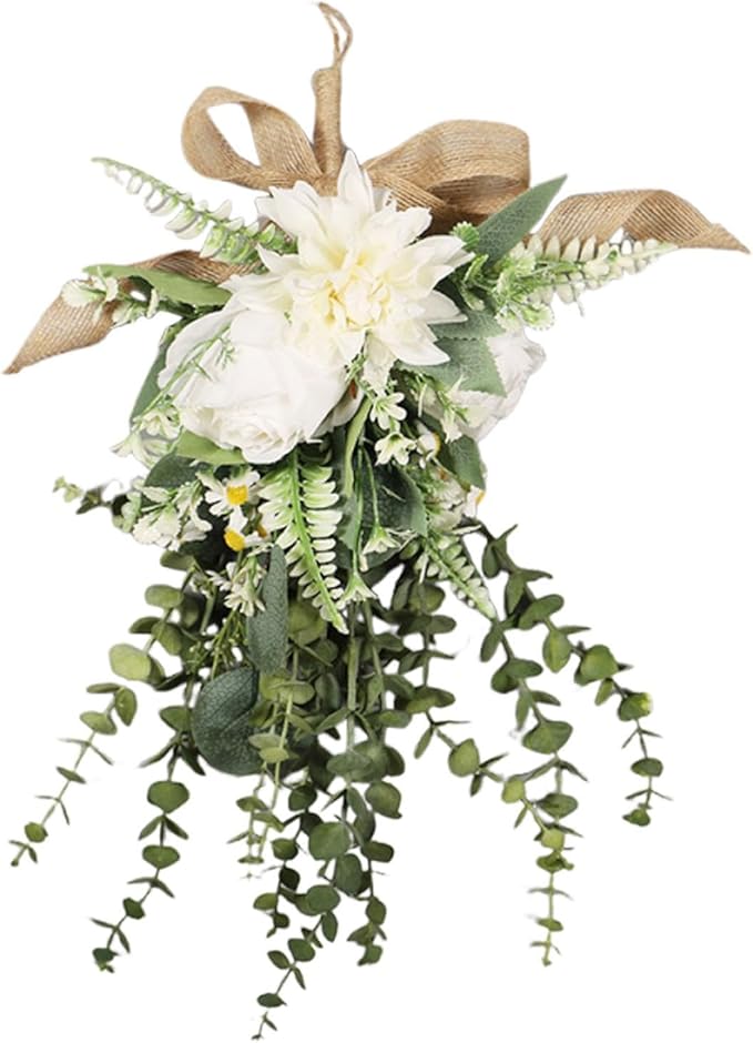 Fancyes Artificial Floral Teardrop Swag Silk Flower Hanging Garland Decorative Ornament Reusable Wall Accent Suitable for Gift Giving Home Decoration Office W, White