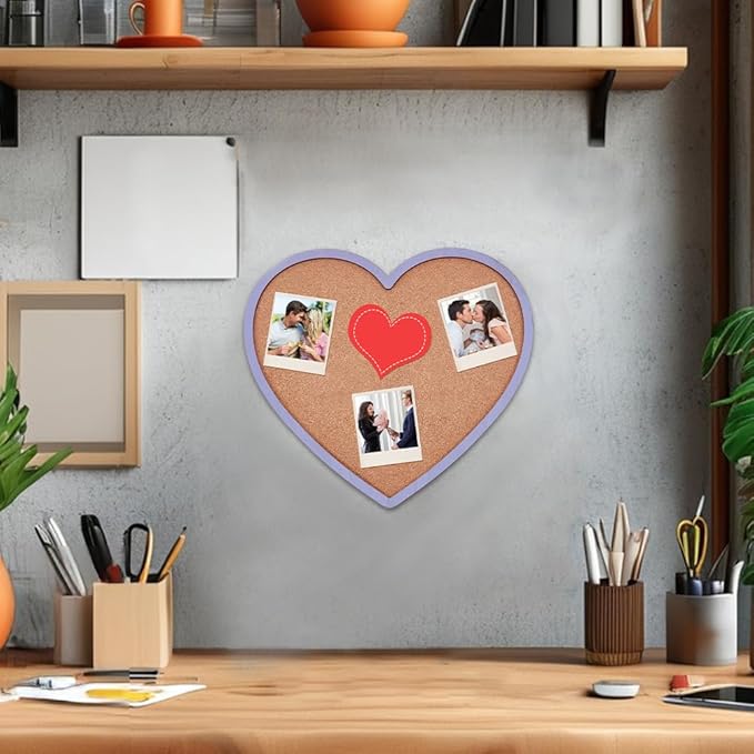 BENECREAT Purple Heart Pin Cork Board Bulletin Display Board, 10.6x11.8inch Wall Mounted Cork Board for Brooch Pin Storage, Office Home Festival Valentine's Decor