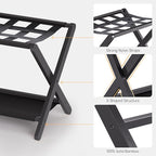HITNET Luggage Rack for Guest Room, Pack of 2, Suitcase Stand Folding Bedroom, Bamboo Hotel Luggage Holder with Fabric Storage Shelf and Nylon Straps, Black