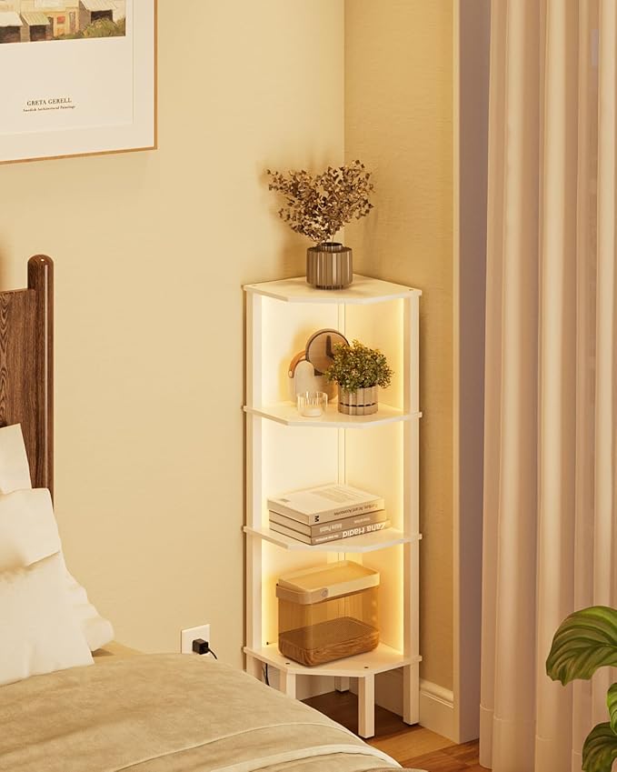 Corner Shelf Stand Corner Bookshelf with Light, 4-Tier Wall DisplayCorner with Storage Rack for Living Room,Bedroom,Office, White