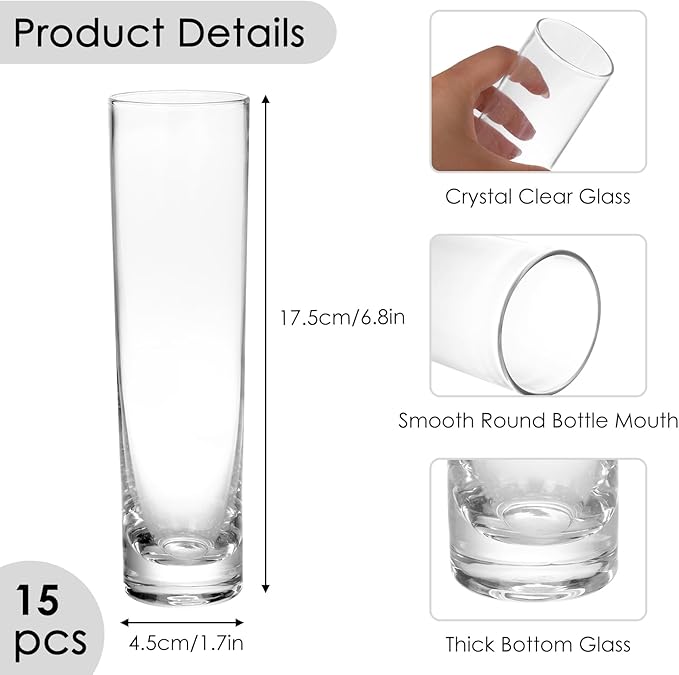 Fixwal 15 Pack Glass Cylinder Bud Flower Vases for Centerpieces Clear Small Glass Vases for Wedding Decorations,Handmade Clear Glass Vases for Party Decor,Cylinder Vases in Bulk for Home Decor