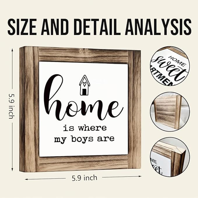 Farmhouse Home Signs, Box Sign Wood Desk Sign Decor, Wood Decoration for Living Room, Shelf Decor, Gift for Boy Mom, Housewarming Gift, Home is Where My Boys are Sign 5.9×5.9 inches