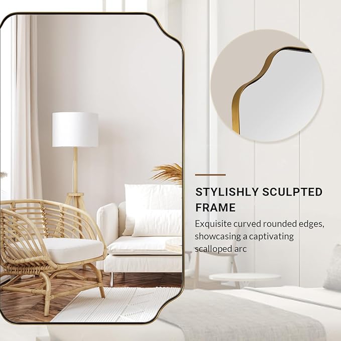 ANDY STAR 24"x36" Gold Mirror, Brushed Brass Scalloped Wall Mirror, Bathroom Mirror for Vanity, Wall Mirror with Aesthetic Scalloped Edge Design Ideal for Bathroom, Bedroom or Entryway
