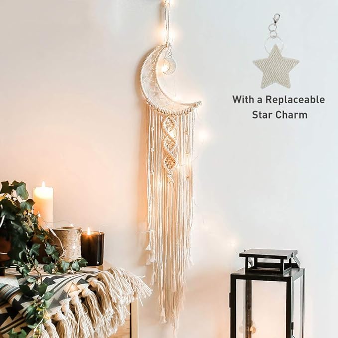 ANROYE Boho Macrame Woven Wall Hanging, Crochet Crescent Moon Star Dream Catcher with Long Tassel- White Cotton Handmade Bohemian Nursery Decor Decoration Art Craft for Kids Bedroom Dorm Room