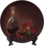 WineDecorative Ceramic Plates, 6 Inch, Red Wine Bottles and Fruits Round Display Plate, Home Wobble-Plate with Display Stand, Ceramic Craft for Wall Hanging Decorative