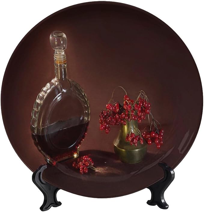 WineDecorative Ceramic Plates, 6 Inch, Red Wine Bottles and Fruits Round Display Plate, Home Wobble-Plate with Display Stand, Ceramic Craft for Wall Hanging Decorative