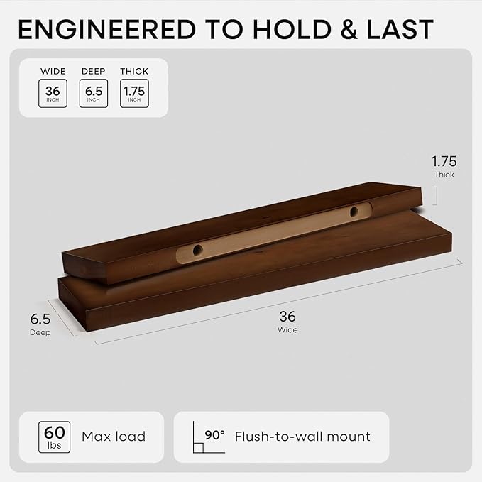 Homeforia Walnut 36 inch Floating Shelf, High End Solid Real Wood 36inch Large Shelves for Bathroom Wall, Dark Brown 36 inches Long Floating Shelves, Heavy Duty Bracket, 36 X 6.5 X 1.75 inch, Set of 2
