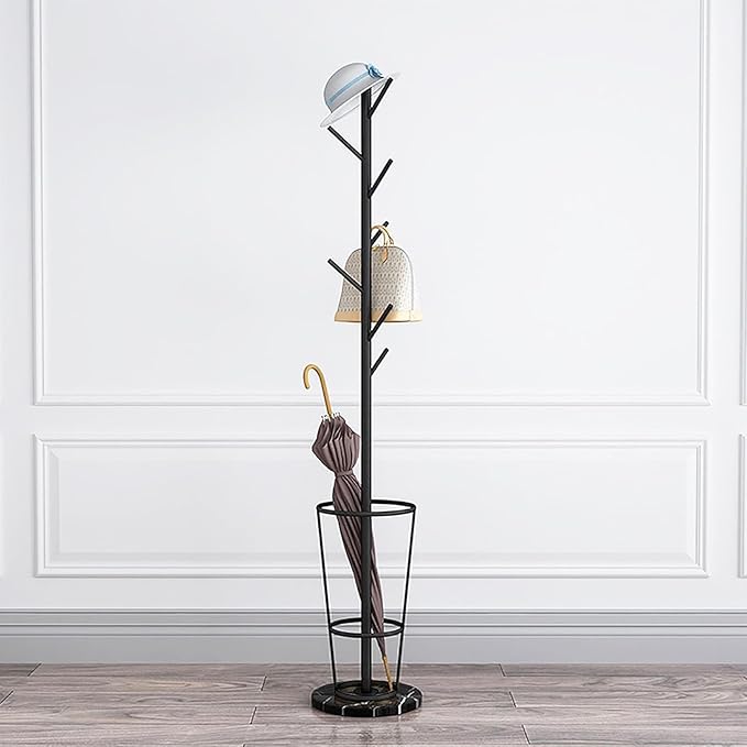 Metal Umbrella Stand with Coat Rack,Modern Umbrella Holder for Entryway,Freestanding Umbrella Rack with Marble Base,Tall Umbrella Storage for Indoor Outdoor Patio(66.9″, Black)