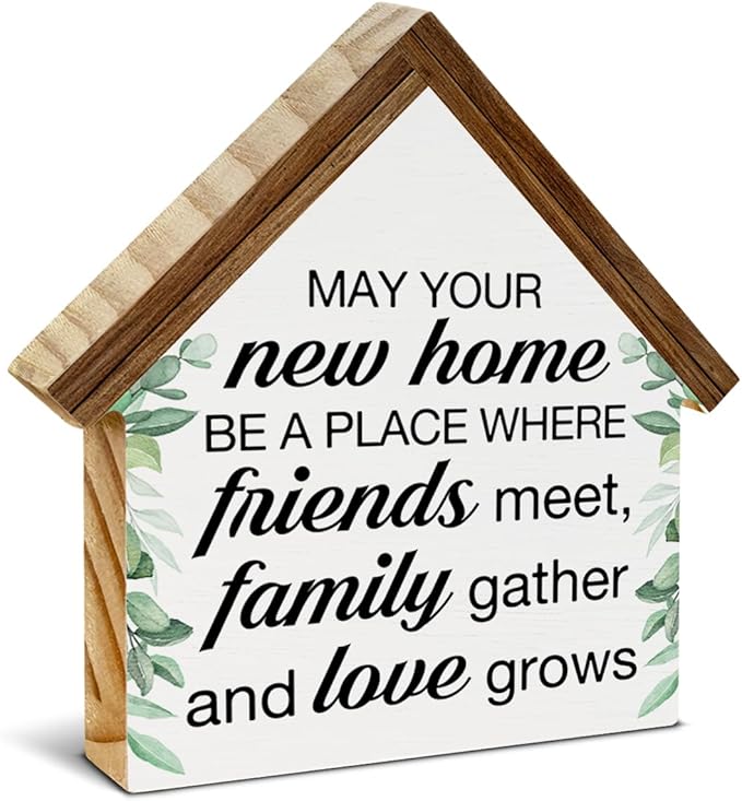 Housewarming Gifts, New House New Apartment Decor, Gifts for New Home Owner, Blessings House Shaped Wooden Block Sign Home Living Room Decor for Desk Table Shelf