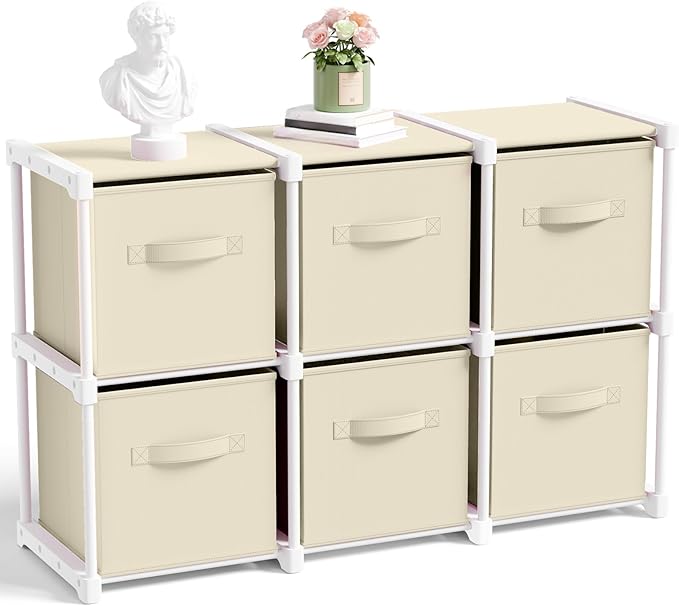 6 Cube Storage Organizer with Shelf Back to School Boxes 11 Inch Toy Storage Bins Closet Organizers Drawers Fabric Dresser for Playroom Books Bedroom Dorm Kitchen (Creamy White)