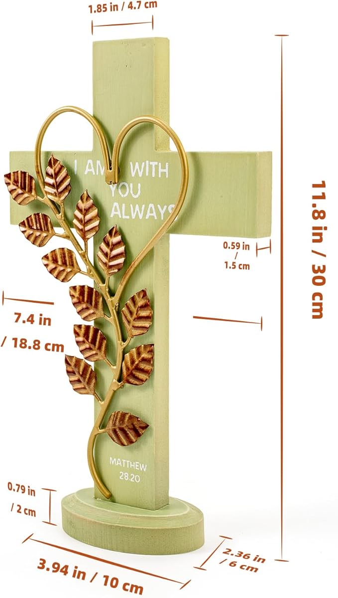 Wooden Wall Cross with Iron Heart Leaf Decorated with Hook and Base Hanging Wall Or Table Cross with Matthew 28:20 For Church Home Room Decoration (Green)
