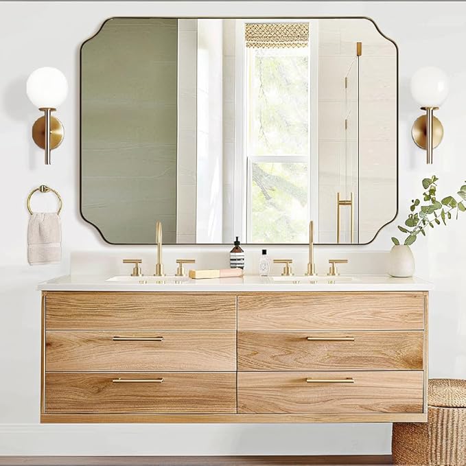 ANDY STAR 36"x48" Large Gold Mirror, Brushed Brass Rectangle Bathroom Mirror, Scalloped Vanity Mirror in Anti-Rust Stainless Steel 1’’ Frame, Unique Notched Corner Mirror, Ideal for Home Remodel