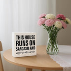 Funny Wood Signs, This House Runs On Sarcasm and Inappropriate Humor Sign, Funny Home Decor, Housewarming Gift, Box Sign Tabletop, Living Room Decor, Hallway Decoration, 5.1x5.1inches