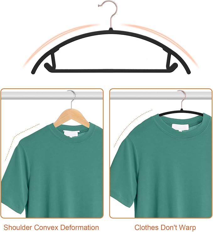 OIKA Hangers 50 Pack No Shoulder Bump - Space Saving Huggable Closet Hangers with 360° Rotating Hooks, Heavy Duty Non-Slip for Shirts, Pants, Coats (Black)