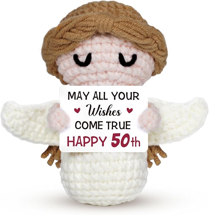 50th Birthday Gifts for Women Men, 1976 50th Birthday Decorations, Funny 50 Years Old Gifts for Family Friends Colleagues - Handmade Positive Angel Crochet Doll