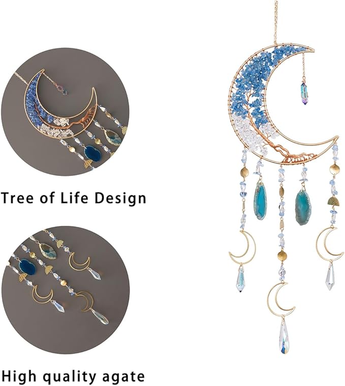 Agate Moon Dream Catchers with Crystal 7 Chakra Gemstone Dream Catchers Color Natural Gem Agate Wall Hangings Room Garden Dreamcatchers Decor (Blue)