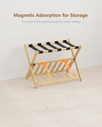 Luggage Racks, Folding Bamboo Suitcase Stand with Storage Shelf and Nylon Straps, Luggage Holders Assembled Suitcase Storage Caddy Holder for Guest Room, Hotel, Bedroom, Natural, Pack of 2