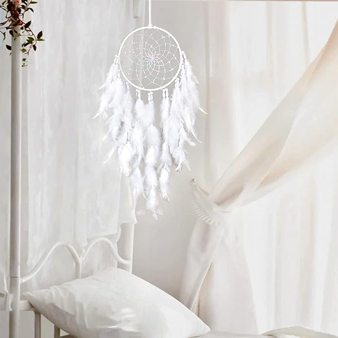 Dremisland White Feathers Dream Catcher Wall Hanging Elegant Wall Art Room Decoration for Windows Balcony Bedroom Wedding Party Gift for Girls and Kids (No Lights)