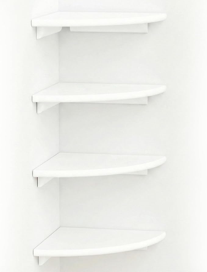 White Corner Floating Shelves for Wall Set of 4, Rounded Wood Wall Mounted Corner Shelf with Hardware, Space Saving Decorative Storage for Kids Room, Bathroom, Living Room, Office