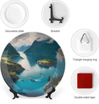 Decorative Plates for Home Decor, Fjords Mountain Lake & Ship Landscape Decor Tray for Table Display, Ceramic Dinner Plate w/Stand, Living Room Dining Room Decor, Housewarming Gifts, 6 Inch