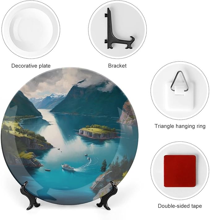 Decorative Plates for Home Decor, Fjords Mountain Lake & Ship Landscape Decor Tray for Table Display, Ceramic Dinner Plate w/Stand, Living Room Dining Room Decor, Housewarming Gifts, 6 Inch