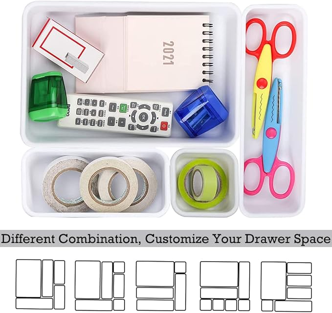 BOPART 25pcs Drawer Organizer Trays for Makeup Jewelries or Gadgets Storage Bins Interlocking for Office, Bedroom Dresser, Bathroom Vanity, Kitchen Junk Drawers Organization - White