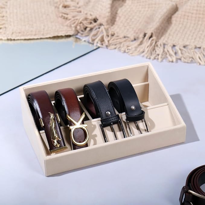 5 Slot Belt Organizer Tray, Velvet Drawer Insert for Men’s Belts, Belt Storage Organizer for Closet & Drawer, Cream