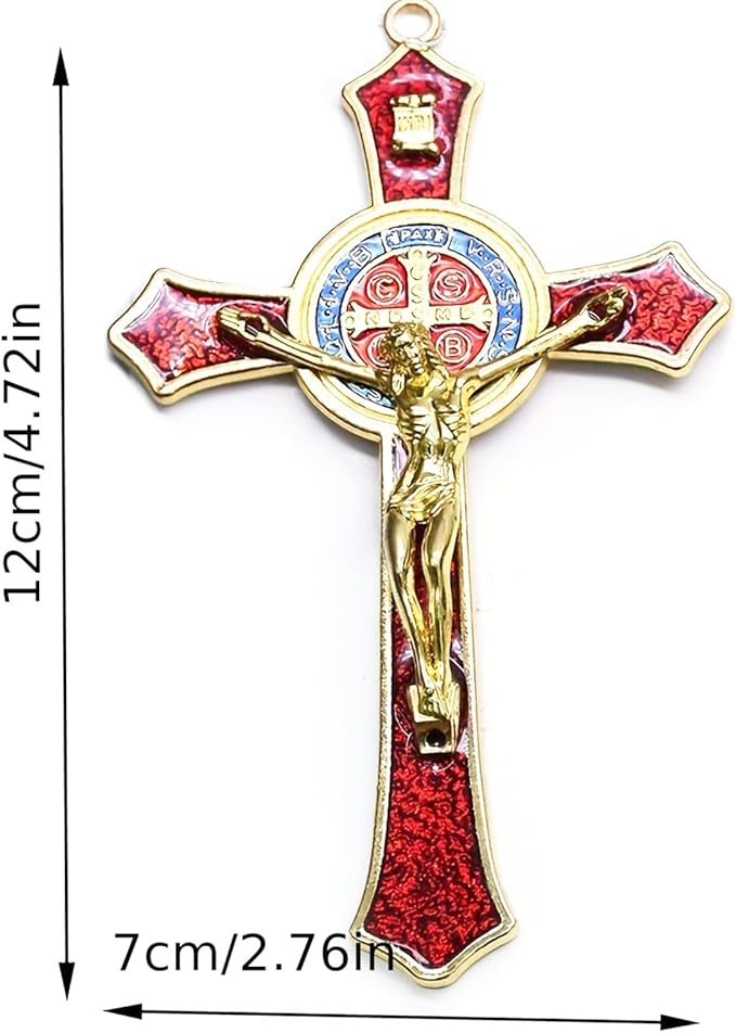 Bovemee Saint Benedict Benedictine Red Enamel 4.7X2.7 Inch Protection Wall Crucifix Cross Catholic San Benito Medalla Prayer Decoration