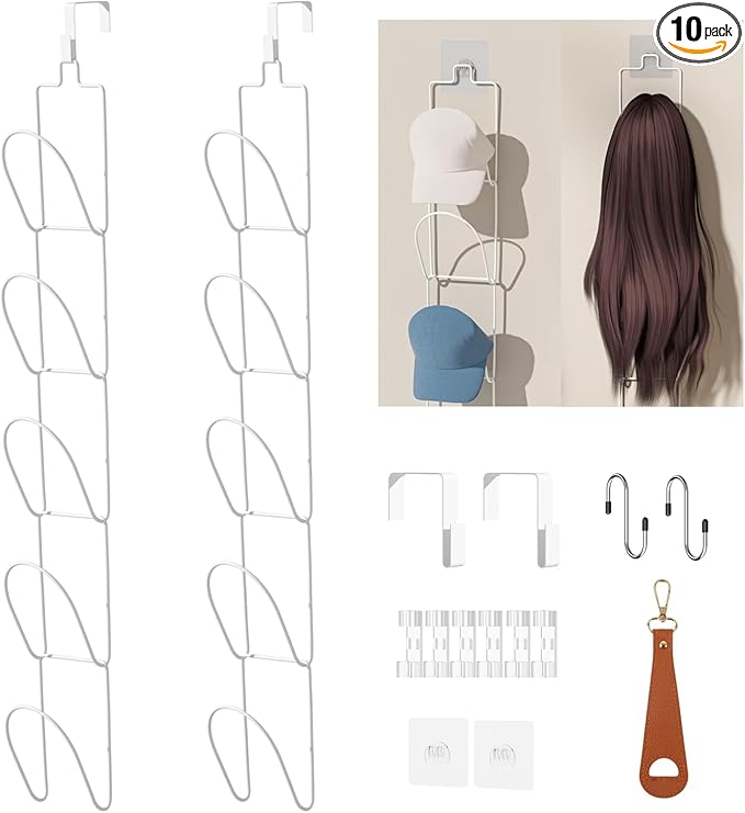 10 Pack Over The Door Hat Organizer for baseball caps | Multi-Functional Baseball Hat Rack for Closet | Wall Mounted Hat s torage organizer | 5 types of accessories cap holder stand w hooks ,White