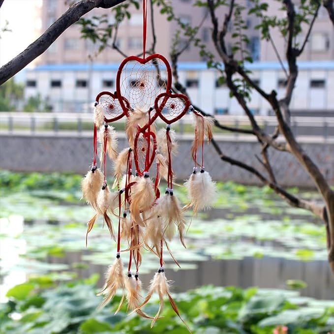 Dream Catcher with Feathers, Heart Shaped Dream Catcher Indians Traditional Love Net Wall Hanging Bedroom Home Car Decor (Beige)
