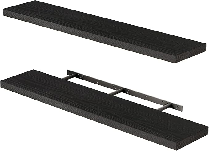 Fixwal Floating Shelves for Wall, 47.2" Long Heavy Duty Wall Mounted Rustic Wood Shelves for Living Room, Bedroom, Bathroom and Kitchen, Wall Shelves for Storage, Books, Room Decor (Black, Set of 2)