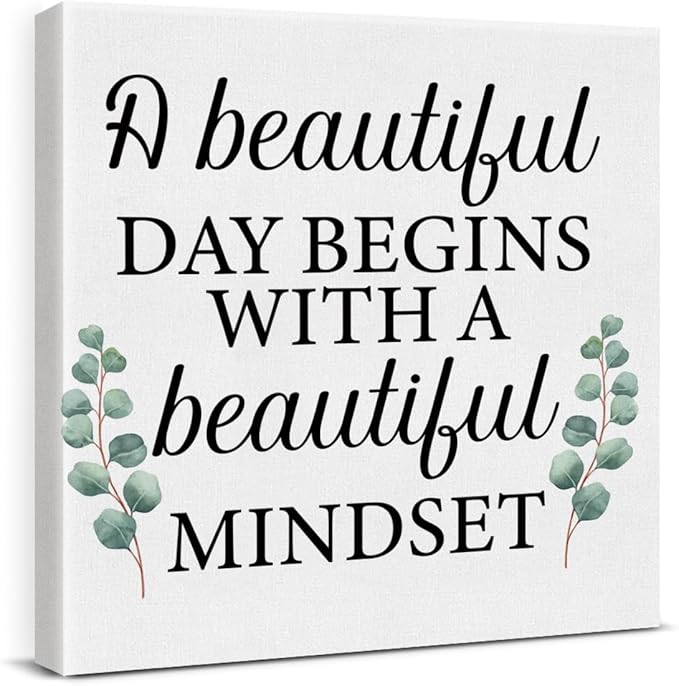Motivational Eucalyptus Wall Art Decor, Inspirational Green Botanical Pictures Positive Quotes Canvas Painting Posters for Office Living Room Bedroom Decoration (8 X 8 Inches, Framed)