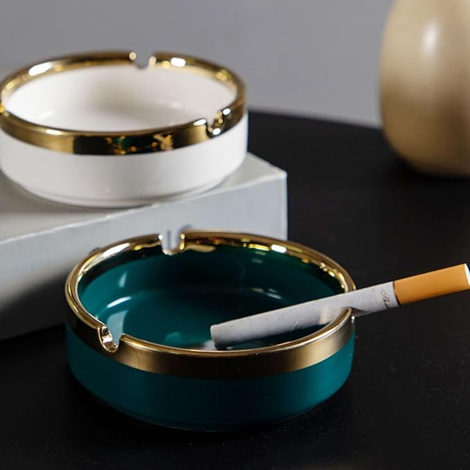 Saim Ceramic Cigar Ashtray for Men - Retro Round Desktop Ash Tray with Gold Edge, Anti-Slip Bottom, for Home Office Patio Outdoor Smoking - Green
