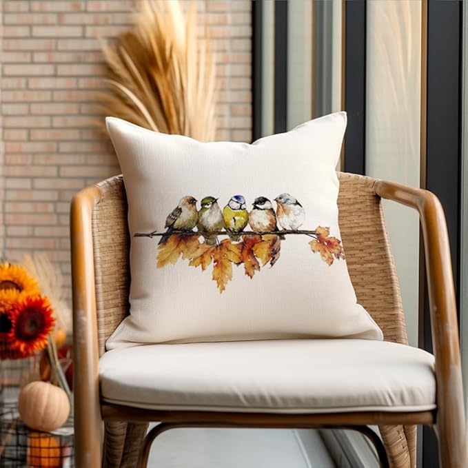 RABUSOFA Fall Pillow Covers 18x18 Inch Watercolor Bird Autumn Decorations for Home Outdoor Thanksgiving Decor Maple Leaf Decorative Throw Pillow Cases Farmhouse for Couch Sofa