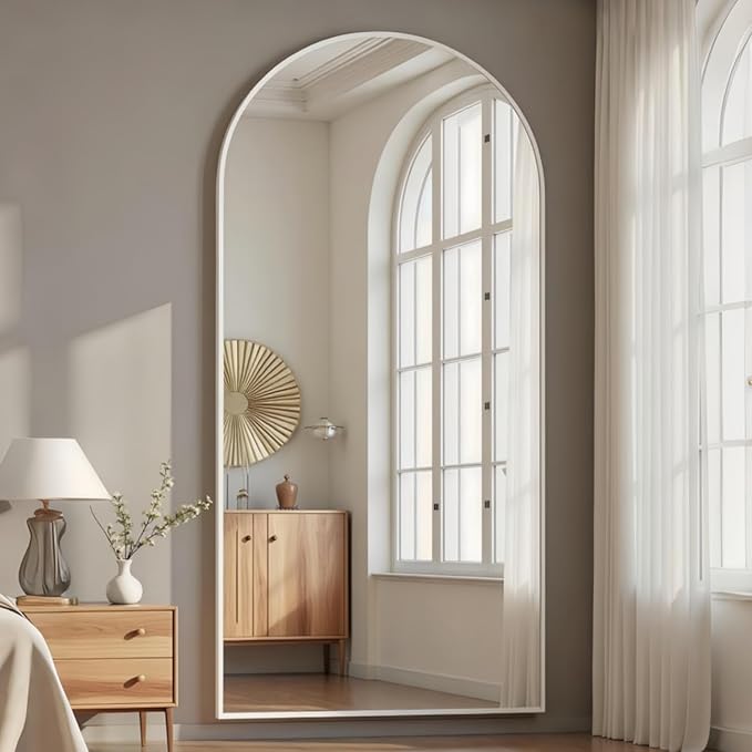 Prywot Full Length Mirror, 71"x30" Arched-Top Floor Mirrors, Modern Full Body Mirrors with Stand, Wall Mirror with Aluminum Alloy Frame for Bedroom,Living Room, White