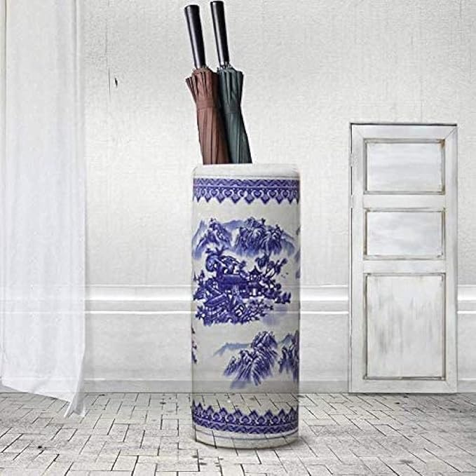 Umbrella Bucket,Umbrella Racks Ceramic Umbrella Holder Stand with Floral Blue White Porcelain, Home Office Entryway Decor Freestanding for Canes-50Cm