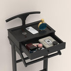 Men's Valet Stand with Tray, Black Wood Clothes Stand, Freestanding Garment Rack Organizer for Enterway, Office, Bedroom